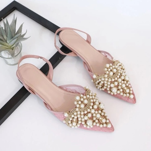 Shoes - Faux Pearl & Rhinestone Decor Slingback Flats